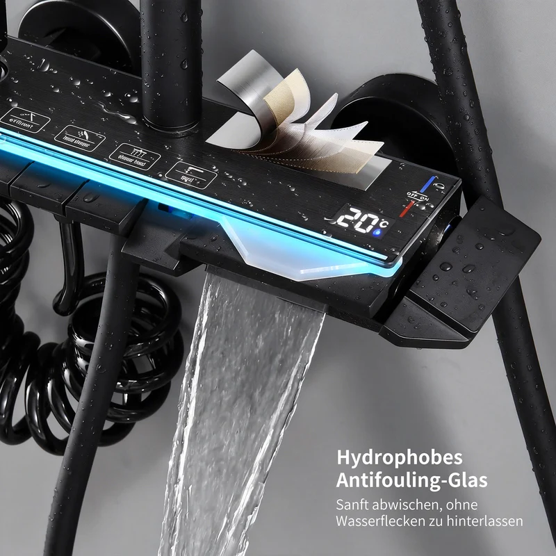 Homelody Duschsystem Messing 4 Wasserausgabe Modi, Duscharmatur Komplettset，Duschset Digitale Temperaturanzeige mit Atmosphärenlicht，Dusche Komplett