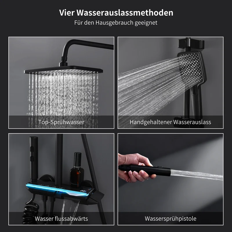 Homelody Duschsystem Messing 4 Wasserausgabe Modi, Duscharmatur Komplettset，Duschset Digitale Temperaturanzeige mit Atmosphärenlicht，Dusche Komplett