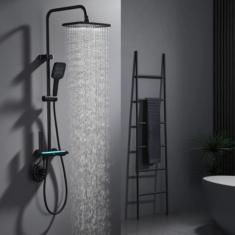 Homelody Duschsystem Messing 4 Wasserausgabe Modi, Duscharmatur Komplettset，Duschset Digitale Temperaturanzeige mit Atmosphärenlicht，Dusche Komplett