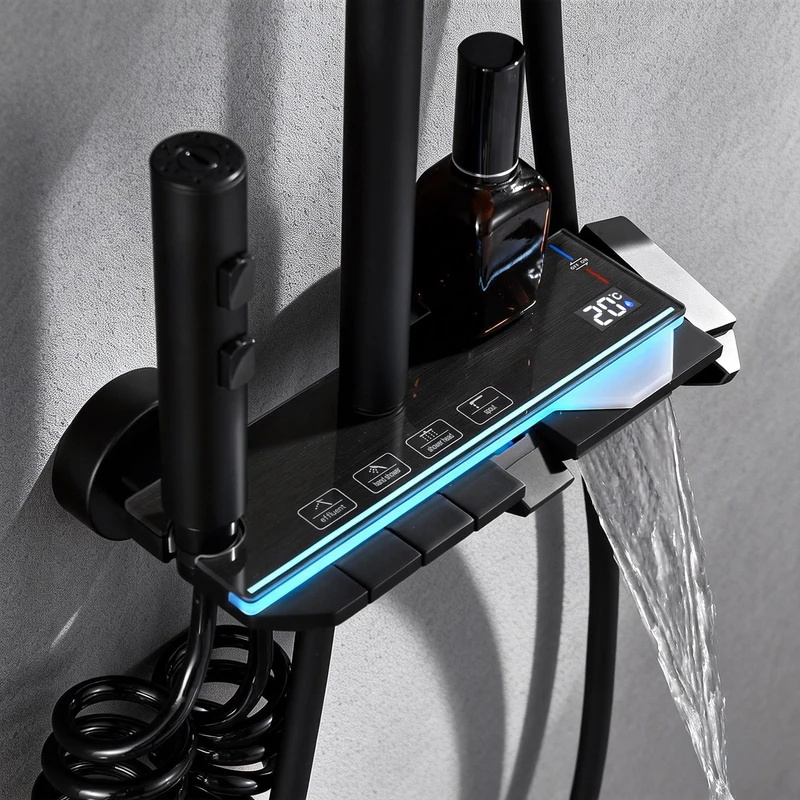 Homelody Duschsystem Messing 4 Wasserausgabe Modi, Duscharmatur Komplettset，Duschset Digitale Temperaturanzeige mit Atmosphärenlicht，Dusche Komplett
