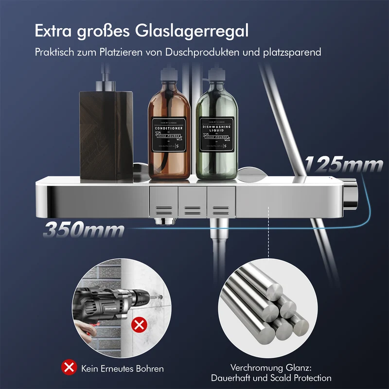 Homelody Duschsystem mit Thermostat, Ablage und Handbrause, 12" Regendusche