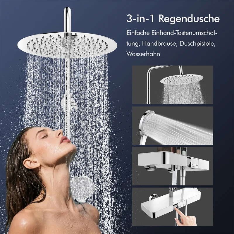 Homelody Duschsystem mit Thermostat, Ablage und Handbrause, 12" Regendusche