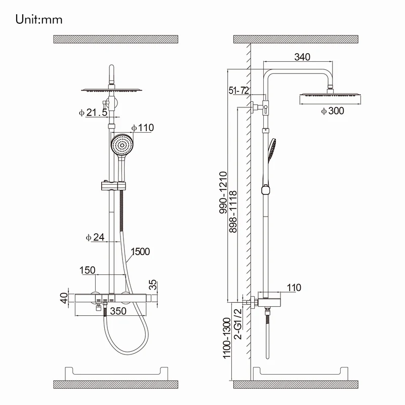 Homelody Duschsystem mit Thermostat, Ablage und Handbrause, 12" Regendusche