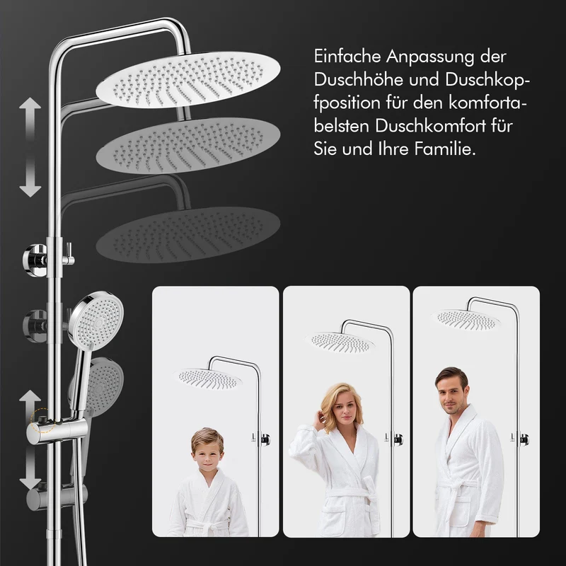 Homelody Duschsystem 12'' Regendusche, Höhenverstellbar, 2-Wege Umschalter, Edelstahl