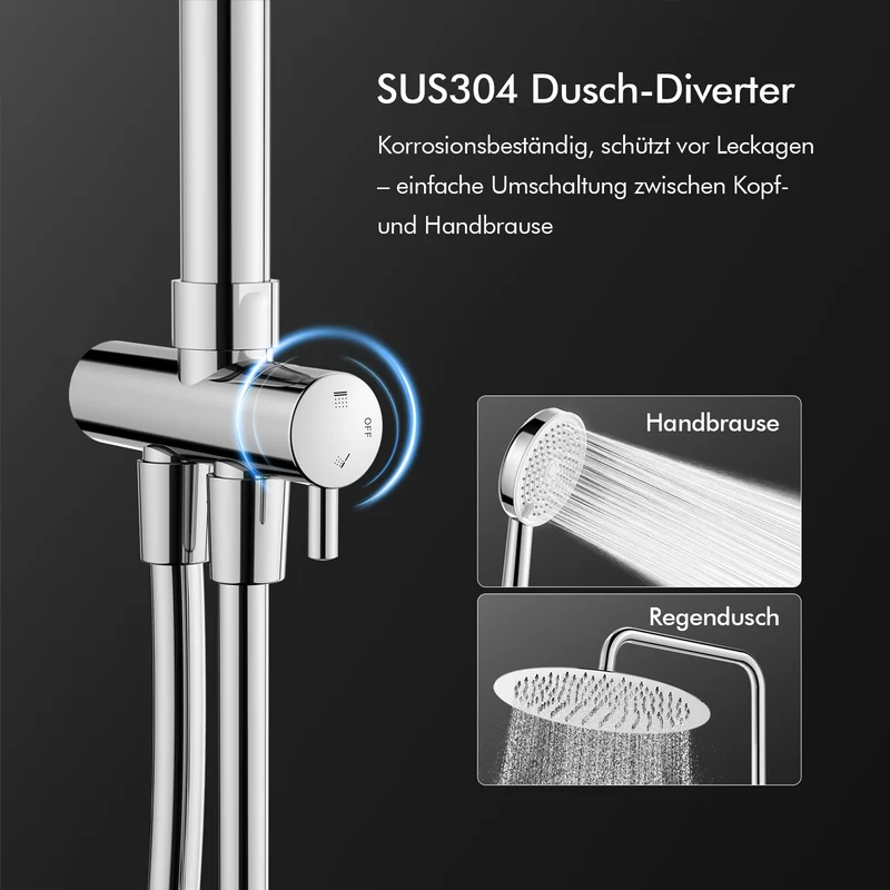 Homelody Duschsystem 12'' Regendusche, Höhenverstellbar, 2-Wege Umschalter, Edelstahl