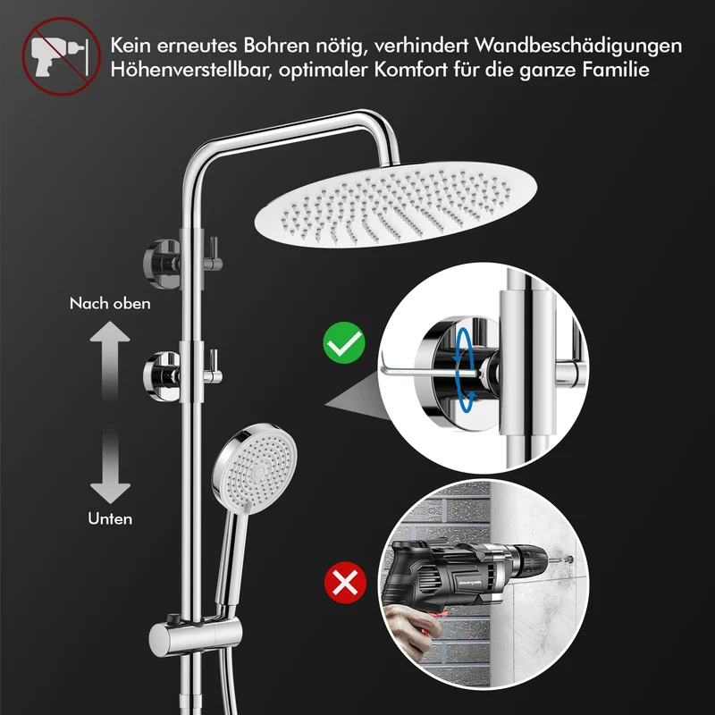 Homelody Duschsystem 12'' Regendusche, Höhenverstellbar, 2-Wege Umschalter, Edelstahl