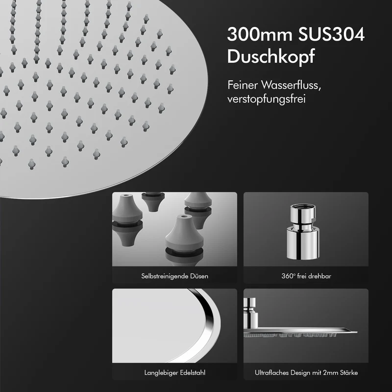 Homelody Duschsystem 12'' Regendusche, Höhenverstellbar, 2-Wege Umschalter, Edelstahl