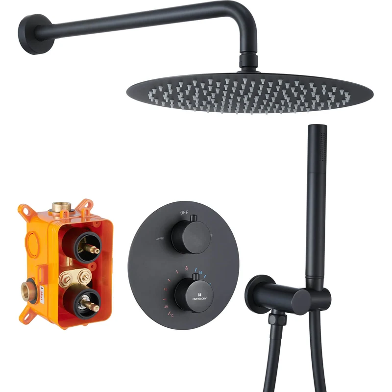Homelody 38℃ Thermostat Rund Unterputz-Duschsystem , Dusche, Duschzubehör, mattschwarzes Duschset