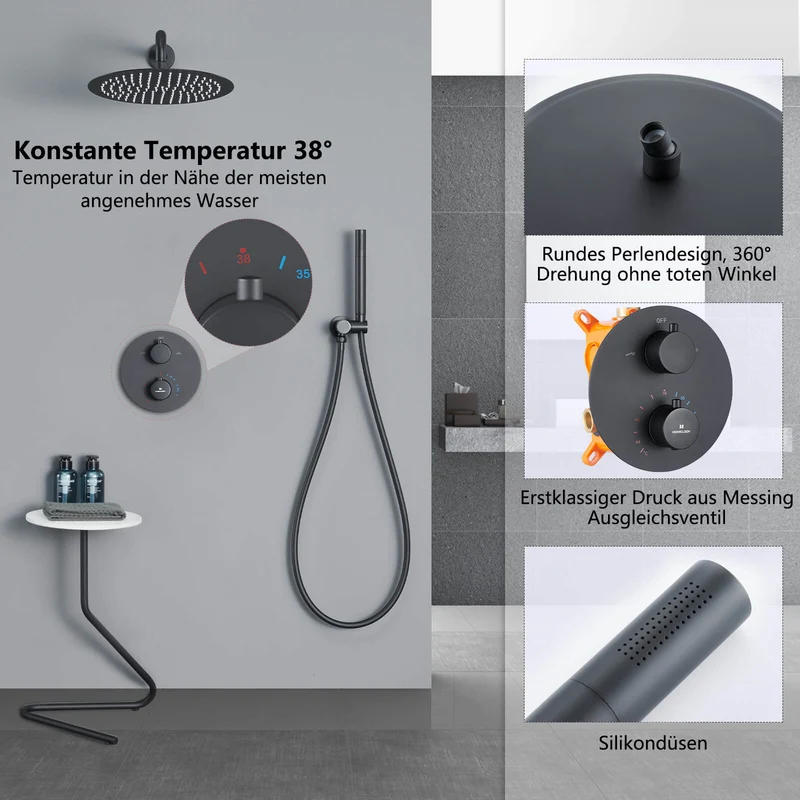Homelody 38℃ Thermostat Rund Unterputz-Duschsystem , Dusche, Duschzubehör, mattschwarzes Duschset
