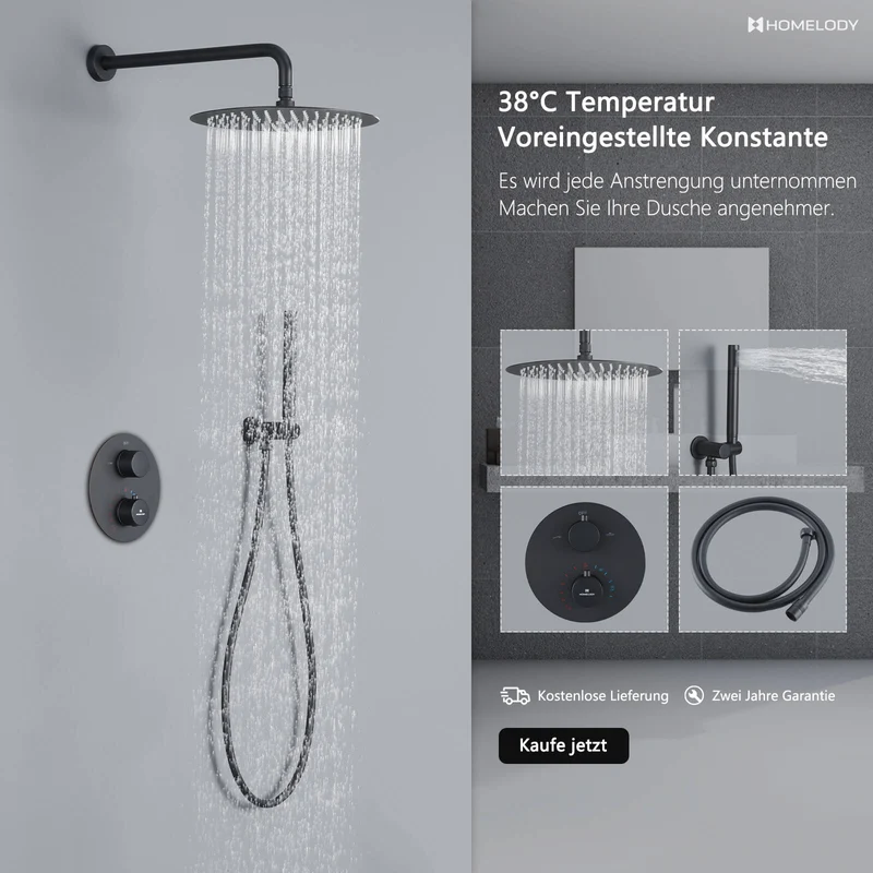 Homelody 38℃ Thermostat Rund Unterputz-Duschsystem , Dusche, Duschzubehör, mattschwarzes Duschset