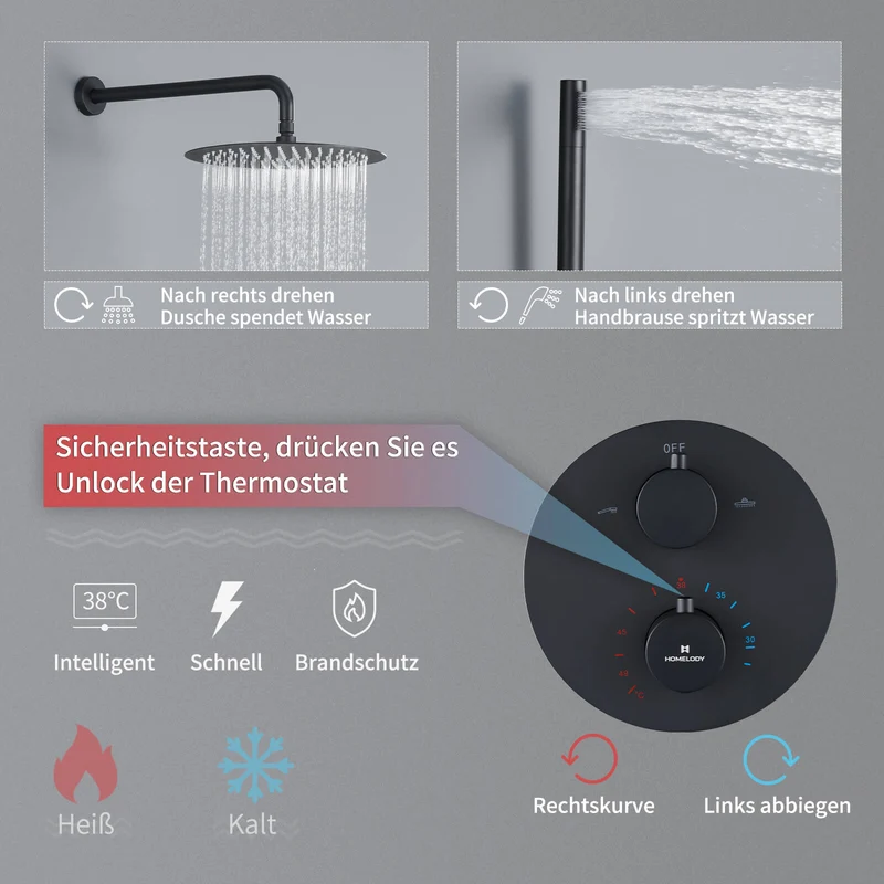 Homelody 38℃ Thermostat Rund Unterputz-Duschsystem , Dusche, Duschzubehör, mattschwarzes Duschset