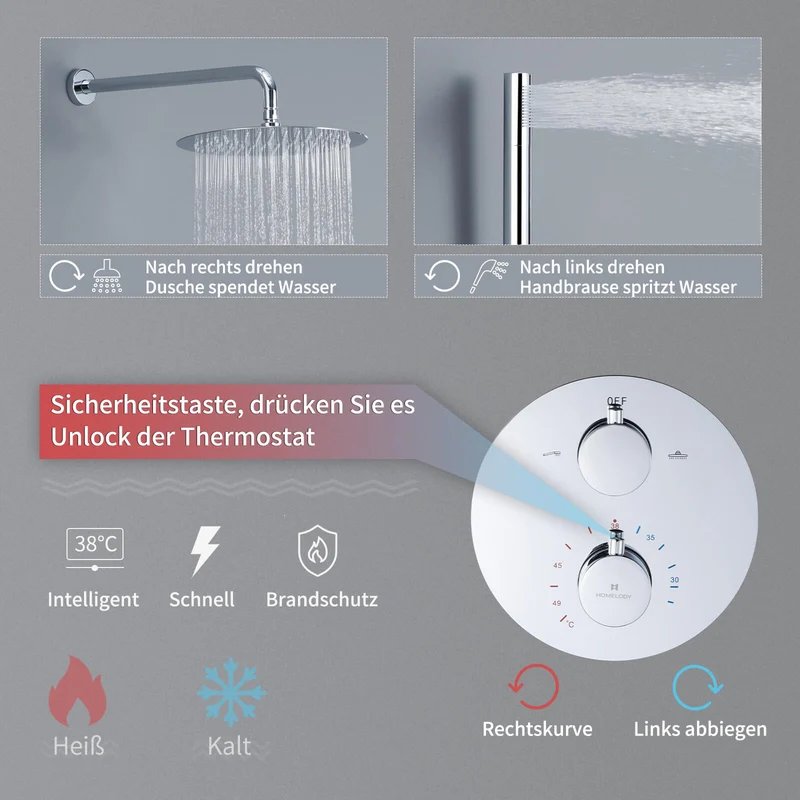 Homelody 38℃ Thermostat Rund Unterputz-Duschsystem , Dusche, Duschzubehör, mattschwarzes Duschset