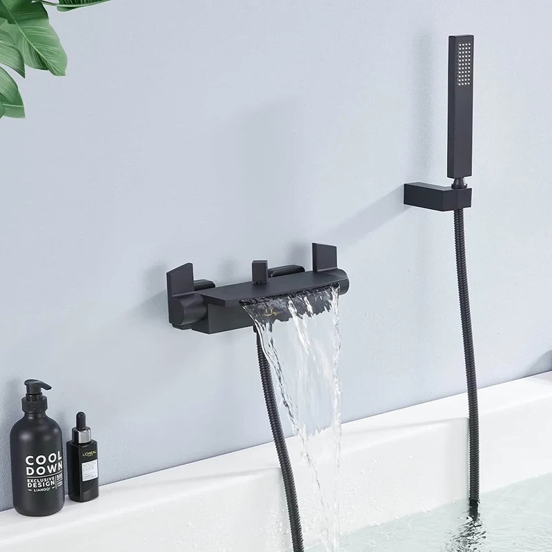 HOMELODY Schwarzer Wasserfall-Badewannen-Mischbatterie mit Handbrause