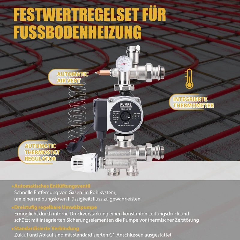 XIIW Festwertregelset für Fußbodenheizung mit Mischventil, Umwälzpumpe & Thermostat