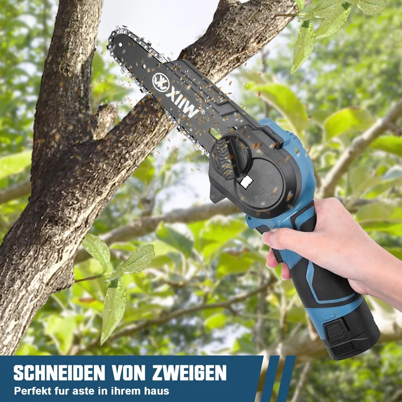 XIIW Akku Mini-Kettensäge 350 W, 4/6 Zoll, 7 m/s, 2 x 1,5 Ah Akkus, Akku-Astsäge mit werkzeugloser Kettenspannung