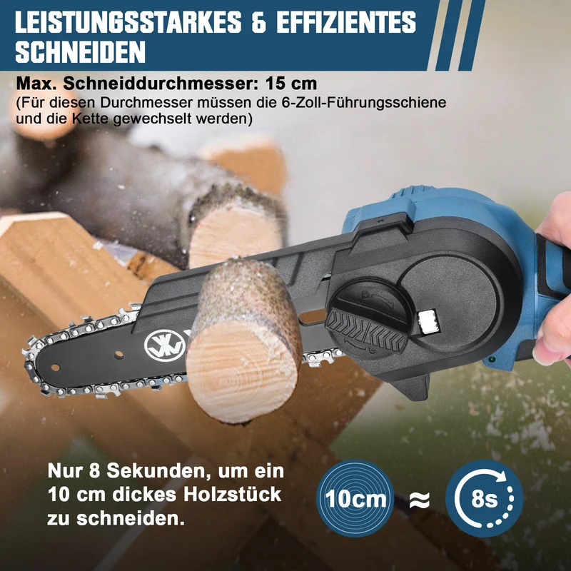 XIIW Akku Mini-Kettensäge 350 W, 4/6 Zoll, 7 m/s, 2 x 1,5 Ah Akkus, Akku-Astsäge mit werkzeugloser Kettenspannung