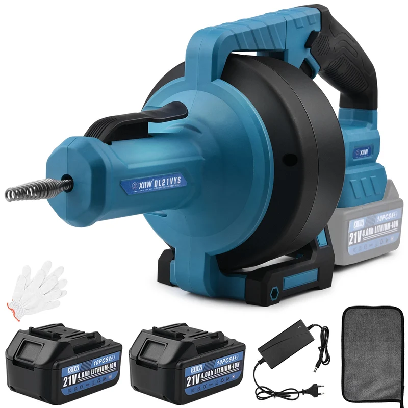 XIIW 21V Akku Rohrreinigungsmaschine mit 2x 4,0Ah Akku & Ladegerät – Vollautomatischer Abflussreiniger mit 7,6m Spirale für Rohre Ø19–85mm