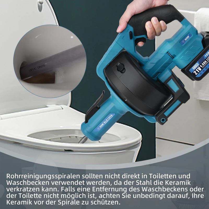 XIIW 21V Akku Rohrreinigungsmaschine mit 2x 4,0Ah Akku & Ladegerät – Vollautomatischer Abflussreiniger mit 7,6m Spirale für Rohre Ø19–85mm