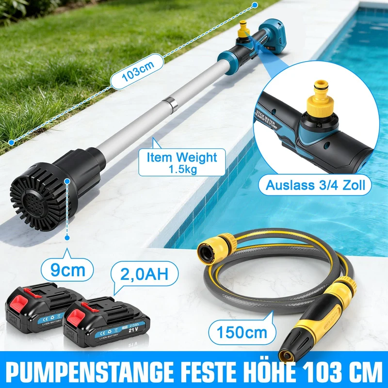 XIIW 18V Akku-Stabpumpe 3000L/h | Universelle Wasserpumpe für 18V Akkusysteme | Tauchpumpe inkl. 2x 2.0Ah Akku & 3/4" Anschluss