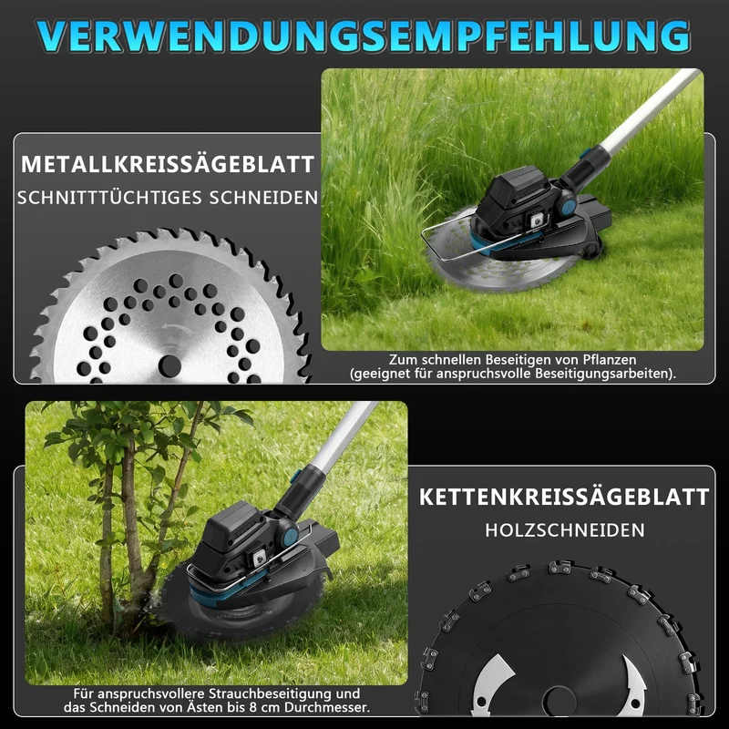 XIIW 7-in-1 Akku Rasentrimmer Bürstenlos | Multifunktions-Freischneider inkl. 2x 4.0Ah Akku | Unkrautbürste & Motorsense kompatibel mit 18V Akku