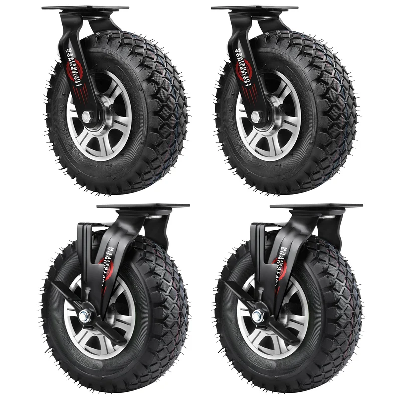 XIIW Schwerlastrollen 250 mm 4er Set mit Bremse – Luftbereifte Lenkrollen 170 kg pro Rolle, 360° drehbar, für Werkstatt, Transportwagen & Gartenwagen