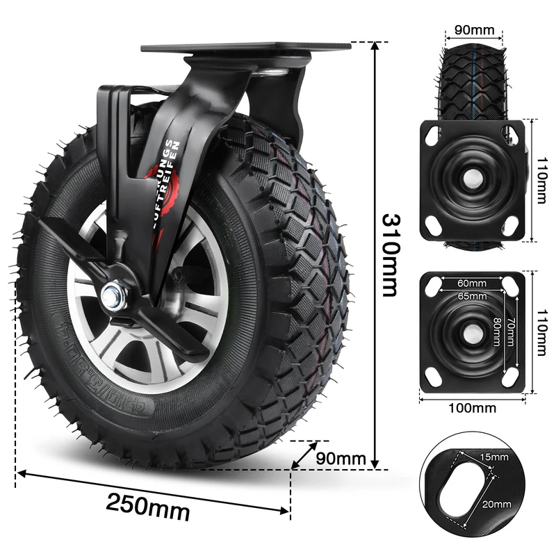 XIIW Schwerlastrollen 250 mm 4er Set mit Bremse – Luftbereifte Lenkrollen 170 kg pro Rolle, 360° drehbar, für Werkstatt, Transportwagen & Gartenwagen