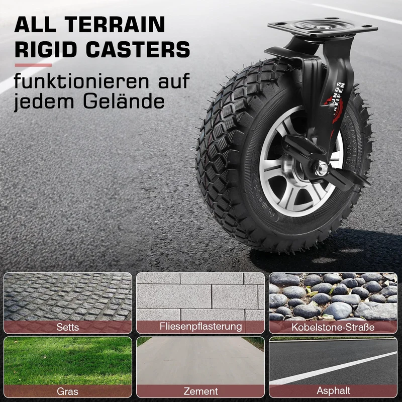 XIIW Schwerlastrollen 250 mm 4er Set mit Bremse – Luftbereifte Lenkrollen 170 kg pro Rolle, 360° drehbar, für Werkstatt, Transportwagen & Gartenwagen