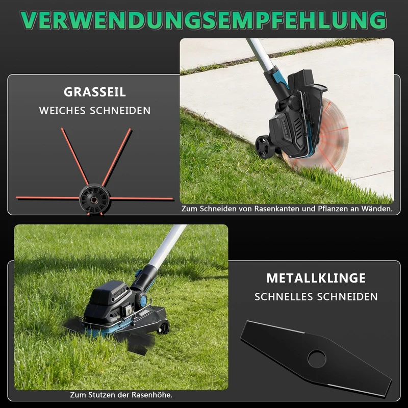 XIIW Akku Rasentrimmer 18V Bürstenlos mit Unkrautbürste, Sägeblatt & Metallmesser, Freischneider Akku kompatibel, Teleskopstiel 100–140 cm