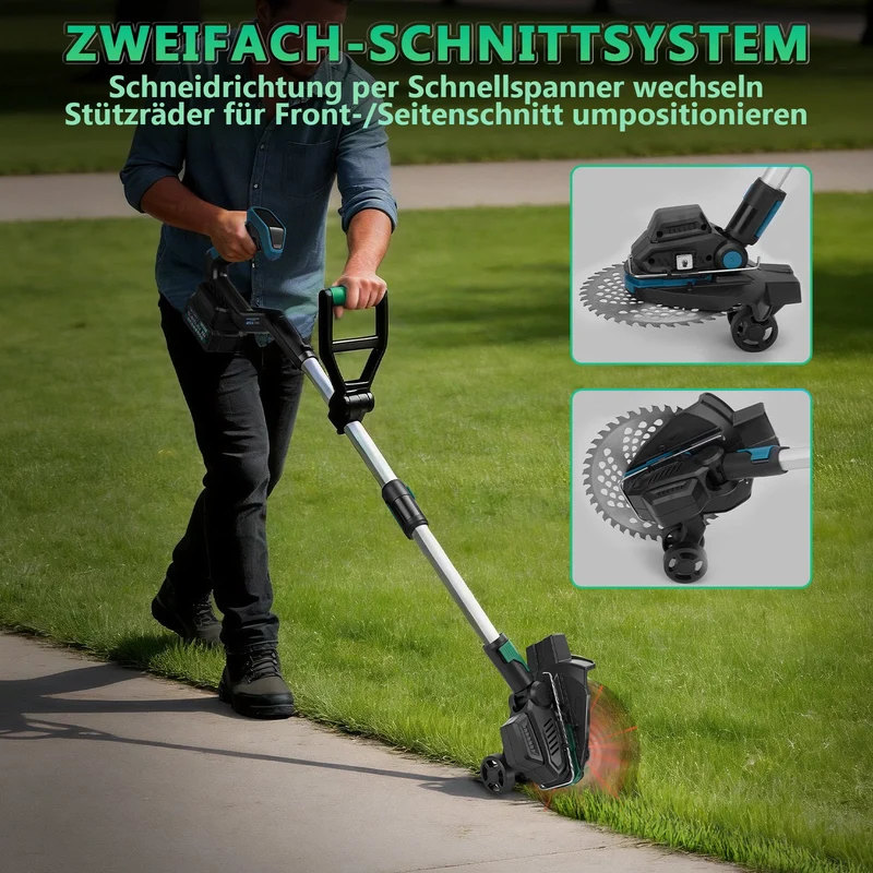 XIIW Akku Rasentrimmer 18V Bürstenlos mit Unkrautbürste, Sägeblatt & Metallmesser, Freischneider Akku kompatibel, Teleskopstiel 100–140 cm