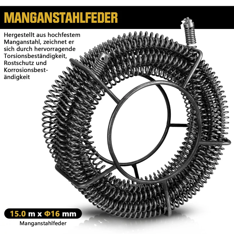 Φ16 mm Rohrreinigungs-Spirale 15m mit Schnellwechsel Schneidkopfset, Manganstahl, Abflussreiniger für Rohre 32–100 mm