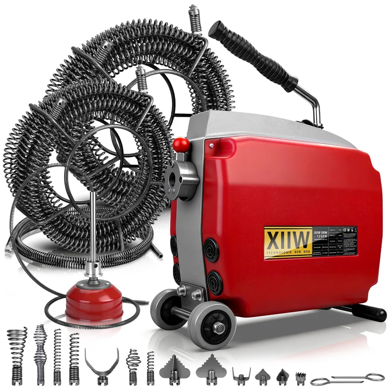 1250W Rohrreinigungsmaschine Elektrisch mit Spiralen Ø10/16/22 mm, Schnellwechsel Schneidkopf, Abflussreiniger für Rohre 20–200 mm
