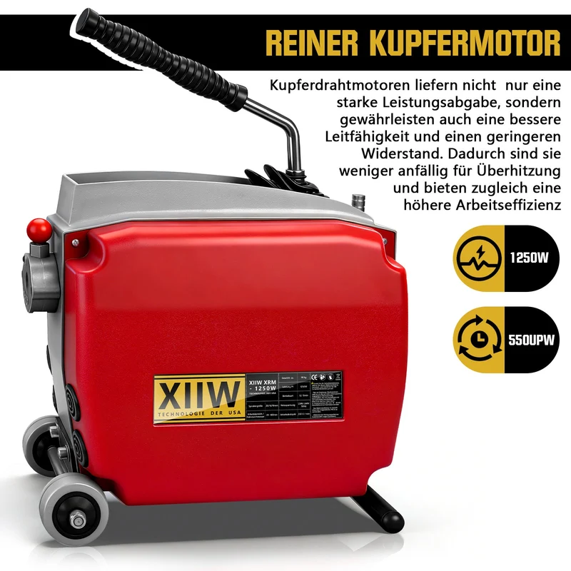 1250W Rohrreinigungsmaschine Elektrisch mit Spiralen Ø10/16/22 mm, Schnellwechsel Schneidkopf, Abflussreiniger für Rohre 20–200 mm
