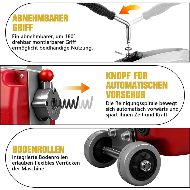1250W Rohrreinigungsmaschine Elektrisch mit Spiralen Ø10/16/22 mm, Schnellwechsel Schneidkopf, Abflussreiniger für Rohre 20–200 mm