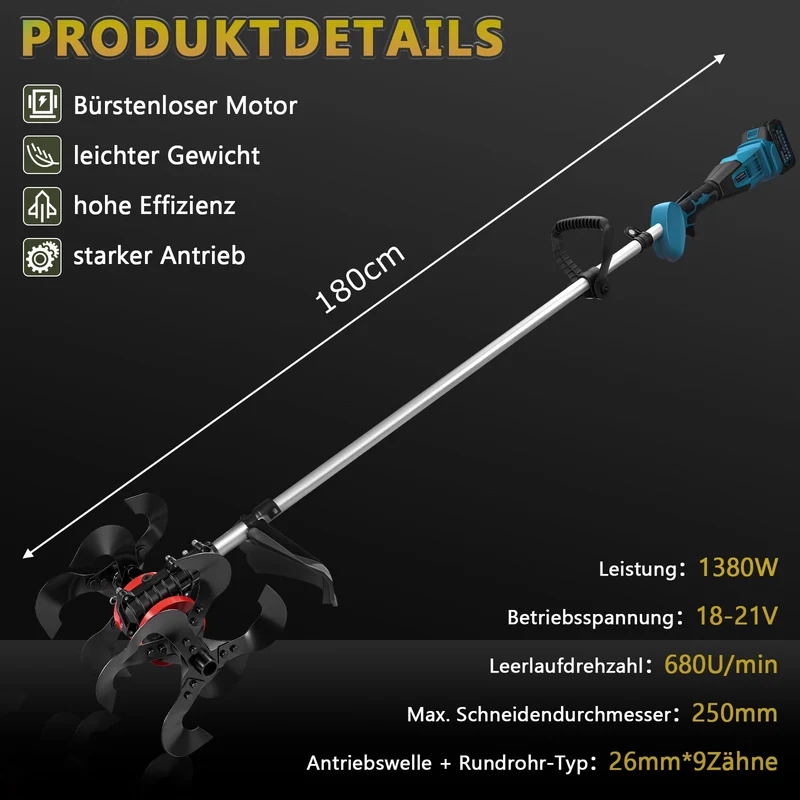 2-in-1 Akku Freischneider mit Bodenhacke 18-21V, 1380W, 23cm Arbeitsbreite, 2x 4.0Ah Akku, 7 Schneidwerkzeuge