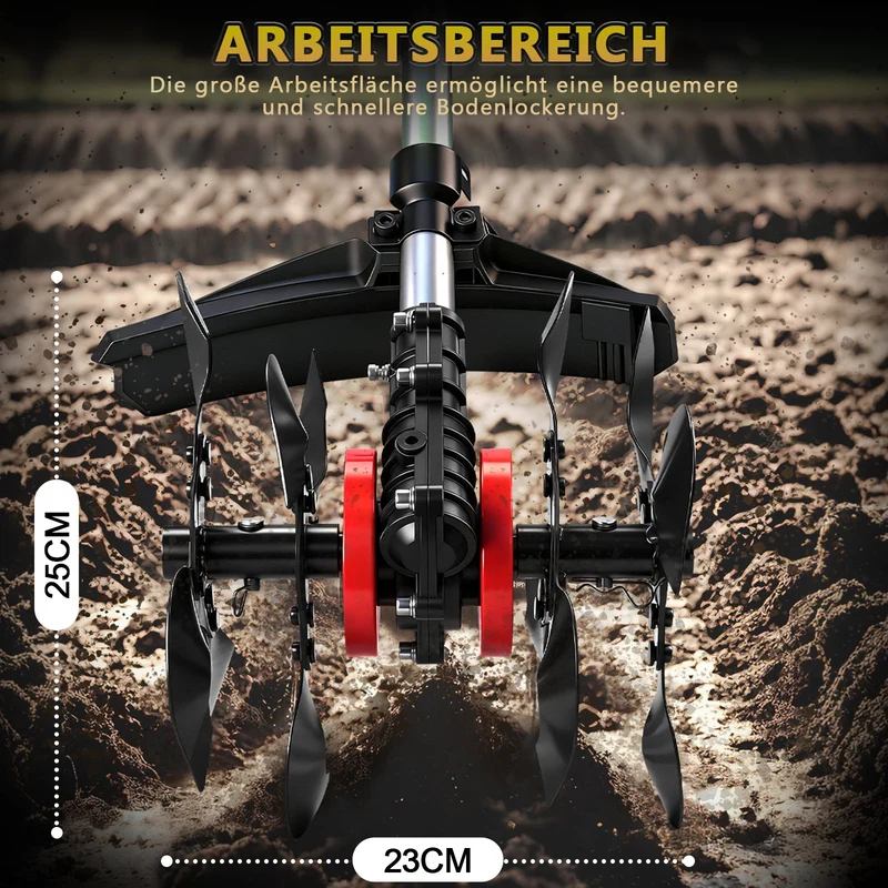 2-in-1 Akku Freischneider mit Bodenhacke 18-21V, 1380W, 23cm Arbeitsbreite, 2x 4.0Ah Akku, 7 Schneidwerkzeuge