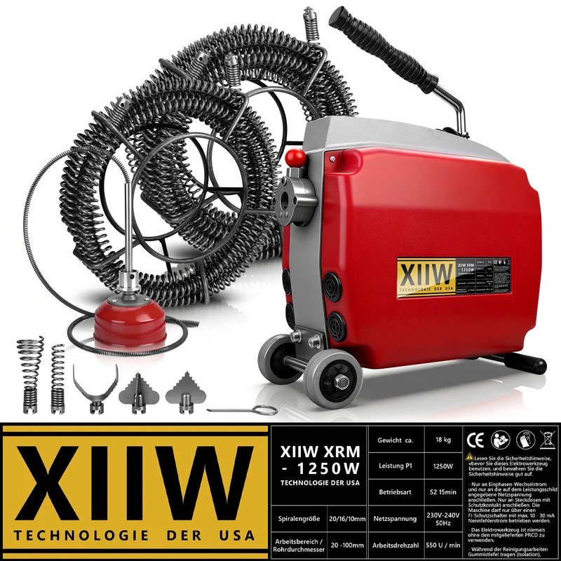 Elektrische Rohrreinigungsmaschine 1250W mit 22mm Manganstahlfeder & Schneidköpfen 20–200mm Rohrreiniger Profi
