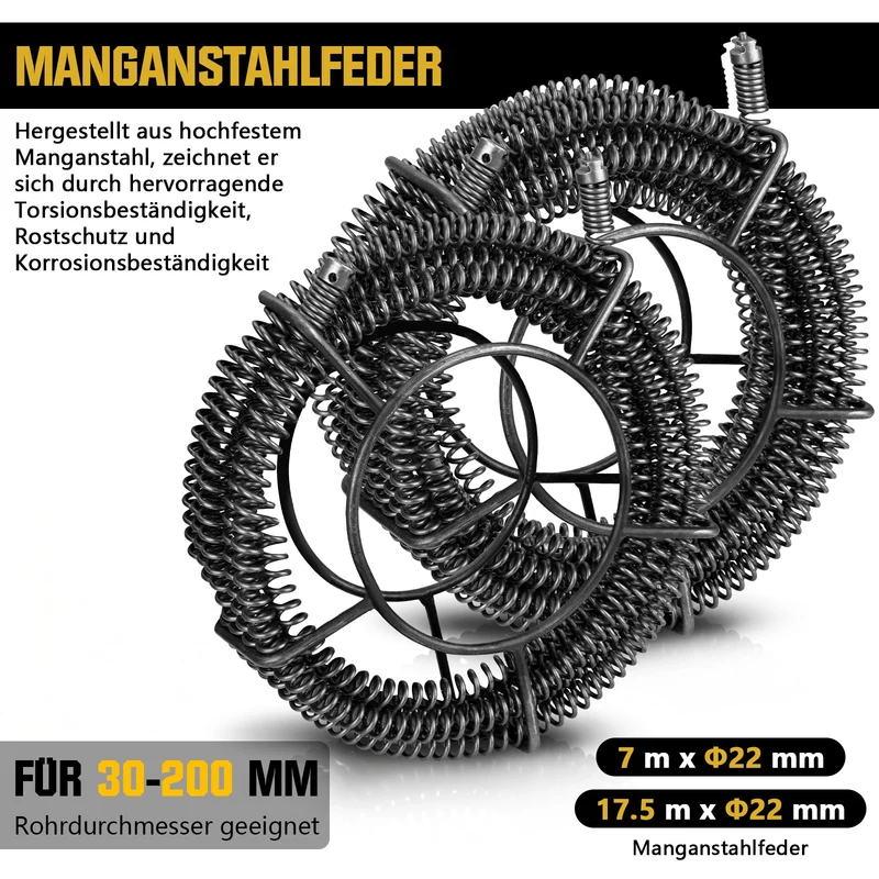 Elektrische Rohrreinigungsmaschine 1250W mit 22mm Manganstahlfeder & Schneidköpfen 20–200mm Rohrreiniger Profi