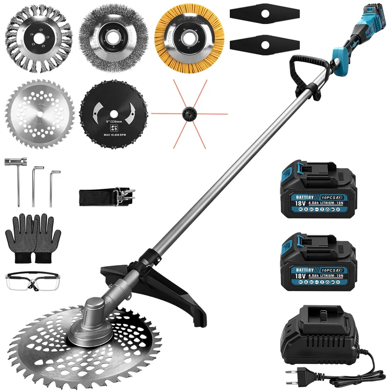 Akku Freischneider mit bürstenlosem Motor 1380W – Multifunktions Rasentrimmer mit Sägeblatt, Metallmesser und Bürsten, kabellose Motorsense
