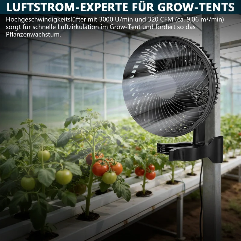 Grow Umluftventilator 320 CFM – Leiser Clip Ventilator mit EC-Motor, 10 Stufen, Oszillation, IP44