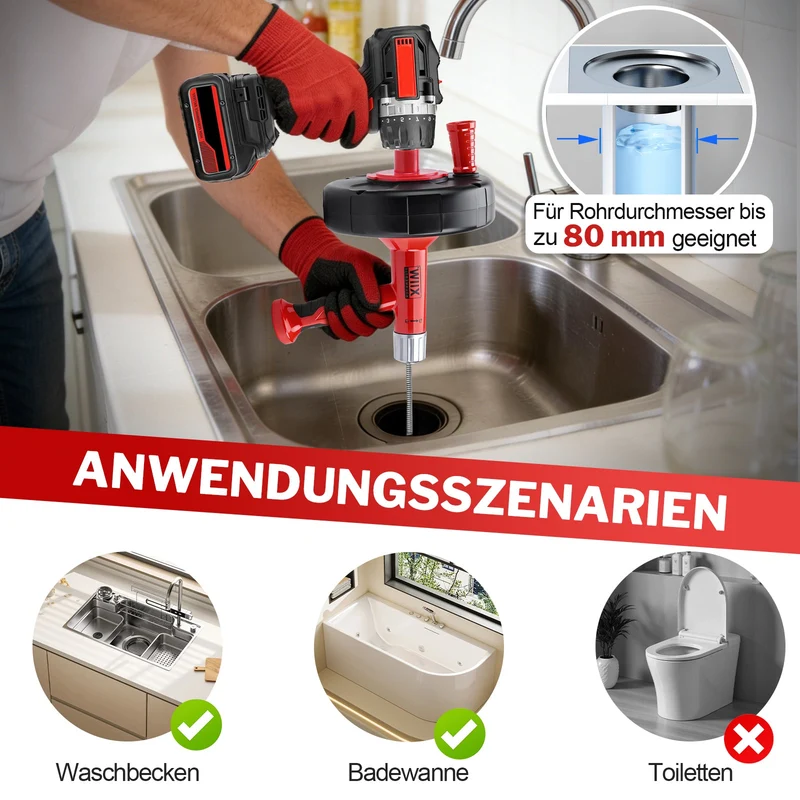 500W Rohrreinigungsgerät mit Manuell- und Bohrerantrieb, 9,5m Spirale, für Haushalt Abflussreinigung