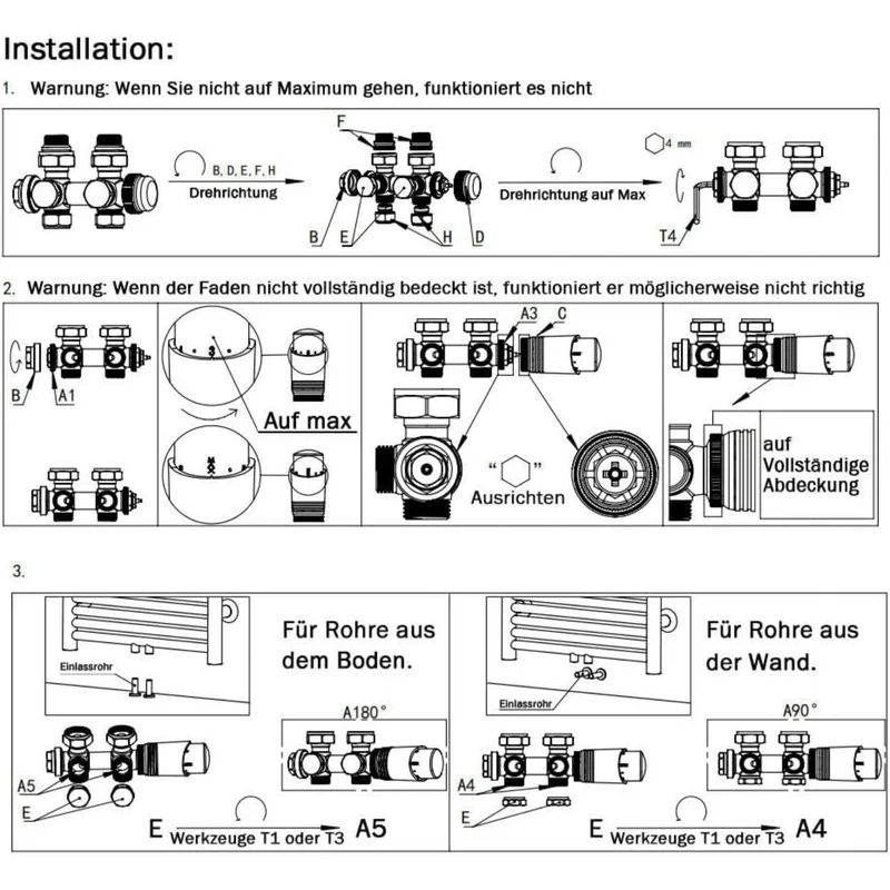 Messing Heizkörper Ventilset Weiß mit Thermostat – 1/2" & 3/4" Anschlüsse