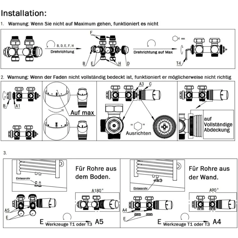 Messing Heizkörper Ventilset Schwarz mit Thermostat – 1/2" & 3/4" Anschlüsse