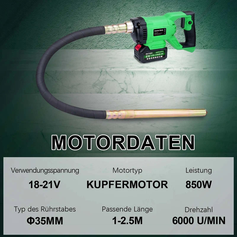 XIIW Akku Betonrüttler 18V | Kabelloser Betonverdichter Ø35 mm | Elektrischer Betonrüttler für Fundament & Schalung