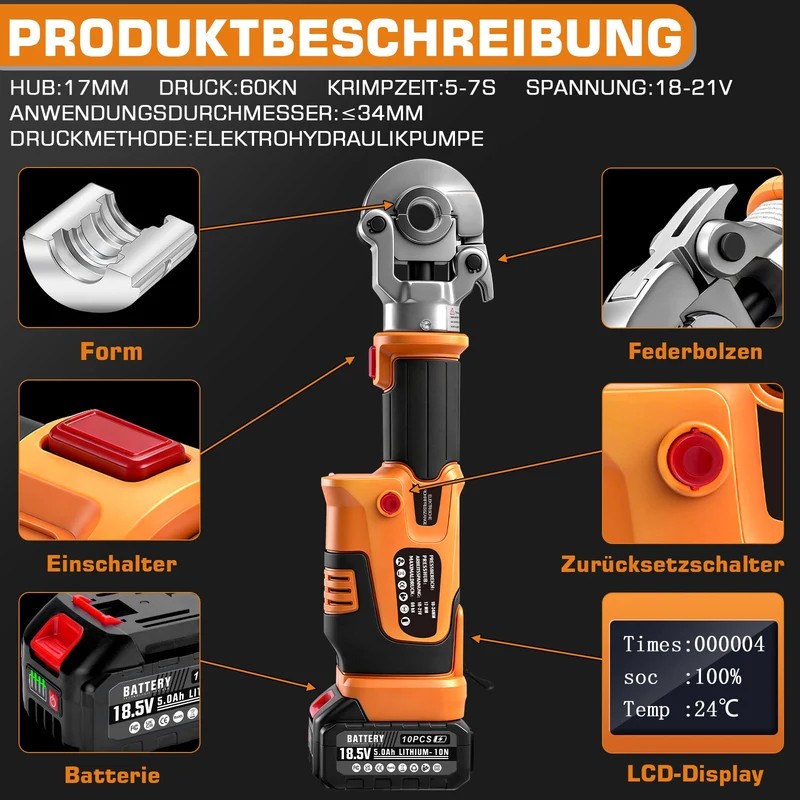 XIIW Elektrohydraulische Presszange 18V mit Automatischer Druckentlastung | Profi Rohrpresszange für TH & V-Kontur | Inkl. 2x 5.0Ah Akku & 9 Backen
