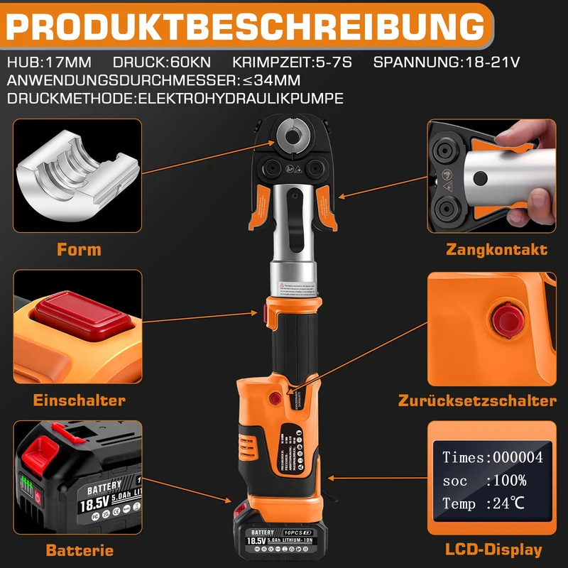 Akku-Presszange elektrohydraulisch – automatische Druckkontrolle, TH & V Pressbacken