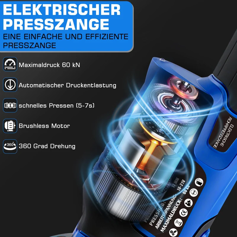 Elektrische Presszange elektrohydraulisch mit automatischer Druckentlastung & Akku – TH & V Pressbacken für Kupfer-, Edelstahl- & Verbundrohre