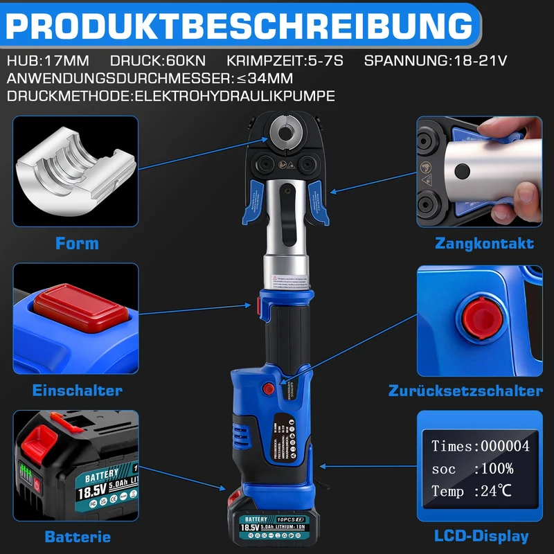 Elektrische Presszange elektrohydraulisch mit automatischer Druckentlastung & Akku – TH & V Pressbacken für Kupfer-, Edelstahl- & Verbundrohre