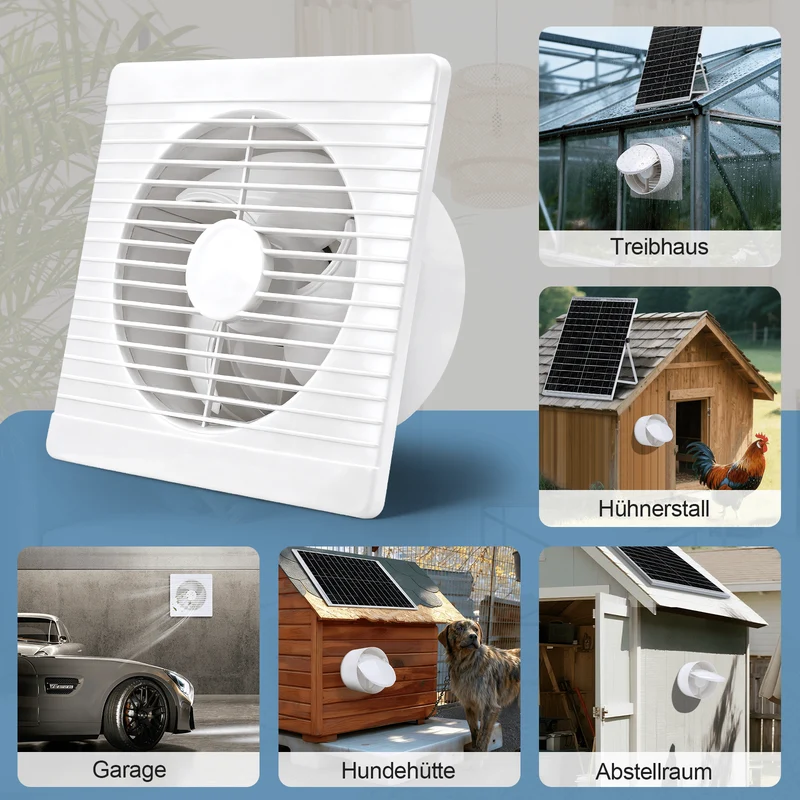 Leiser Solarventilator 200mm – Akku-betrieben, ideal für Hühnerstall, Gewächshaus & Schuppen