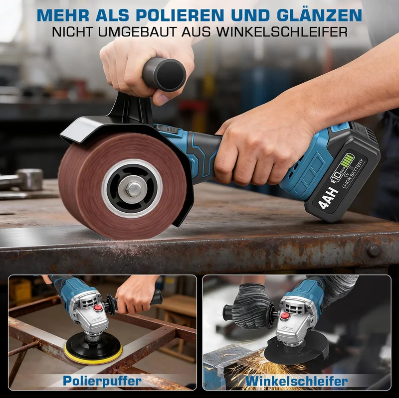 XIIW 3-in-1 Akku-Satiniermaschine 1200W, Bürstenschleifer & Poliermaschine, 2×4,0Ah Akkus, 5500–9000 U/min, M14