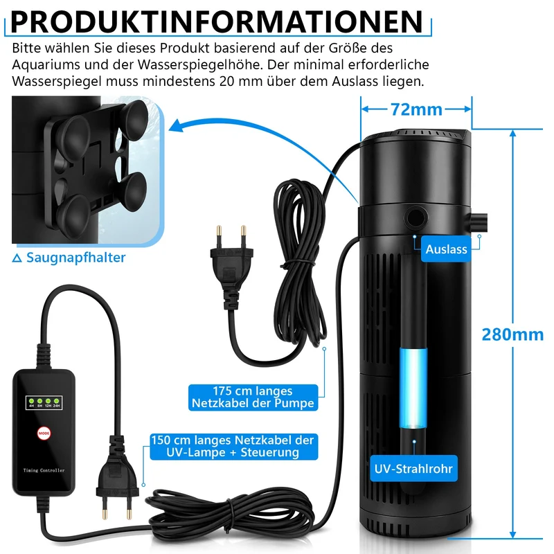 XIIW Aquarium UVC Klärer Pumpe 1200L/H, 4-in-1 UV-C Innenfilter gegen grünes & trübes Wasser, für 180–420L